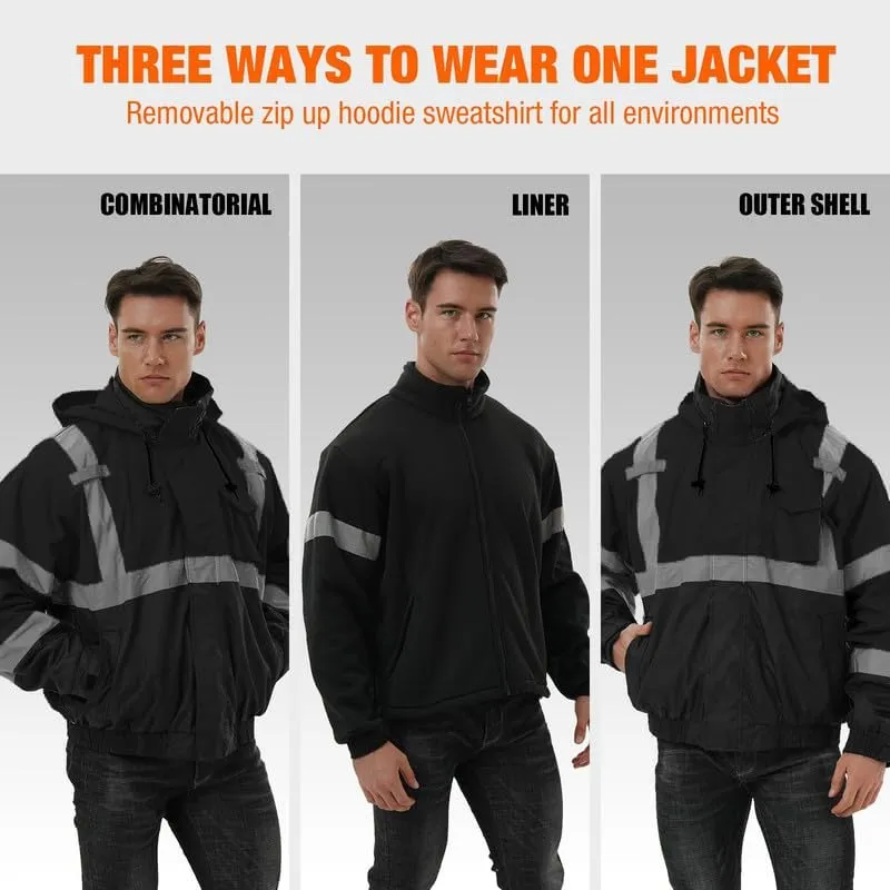 SKSAFETY 3-in-1 High Visibility Winter Bomber Jackets Zip Out Fleece Liner Reflective Safety Coats for men Waterproof ANSI/ISEA Class 3(Black L)