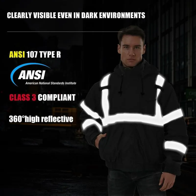 SKSAFETY 3-in-1 High Visibility Winter Bomber Jackets Zip Out Fleece Liner Reflective Safety Coats for men Waterproof ANSI/ISEA Class 3(Black L)