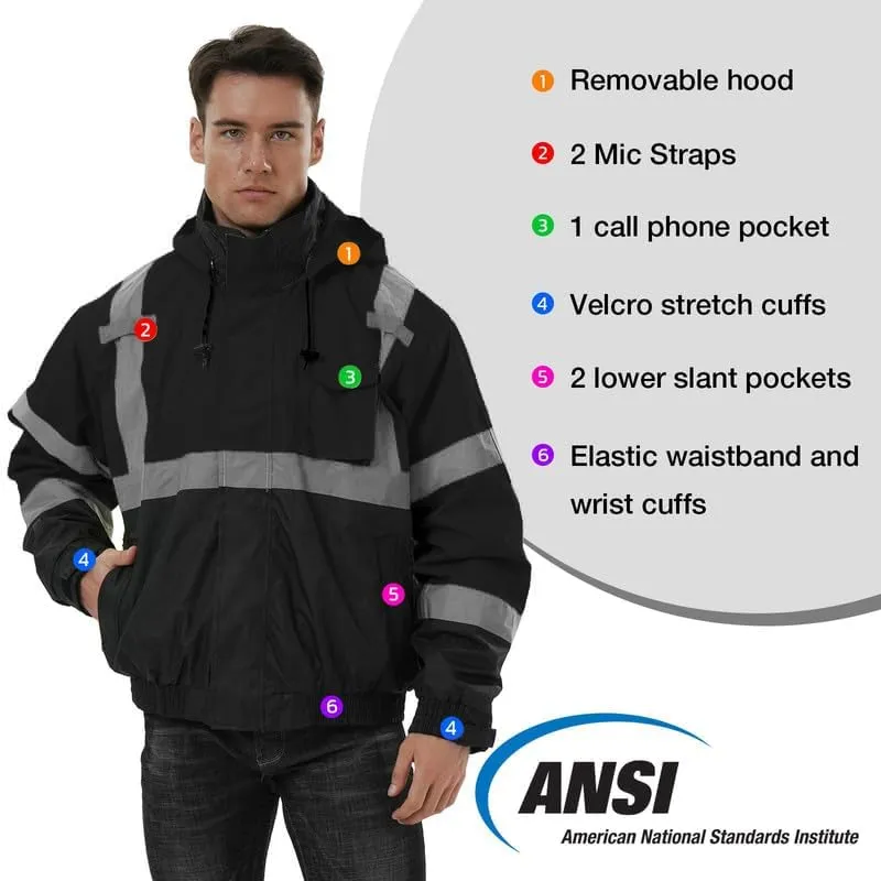 SKSAFETY 3-in-1 High Visibility Winter Bomber Jackets Zip Out Fleece Liner Reflective Safety Coats for men Waterproof ANSI/ISEA Class 3(Black L)