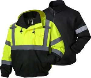 SKSAFETY 3-in-1 High Visibility Winter Bomber Jackets Zip Out Fleece Liner Reflective Safety Coats for men Waterproof ANSI/ISEA Class 3(Lime L)