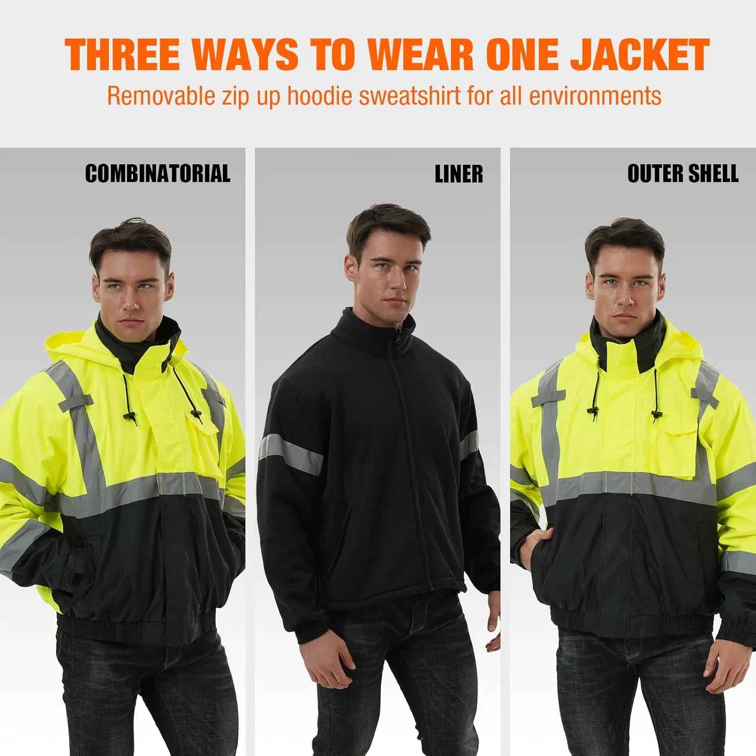 SKSAFETY 3-in-1 High Visibility Winter Bomber Jackets Zip Out Fleece Liner Reflective Safety Coats for men Waterproof ANSI/ISEA Class 3(Lime L)