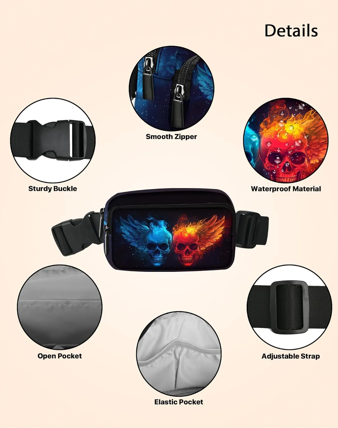 Skull Fanny Pack Fashion Belt Bag Lightweight Waist Pouch with Adjustable Strap Mini Crossbody Bags for Women Travel Sports Running