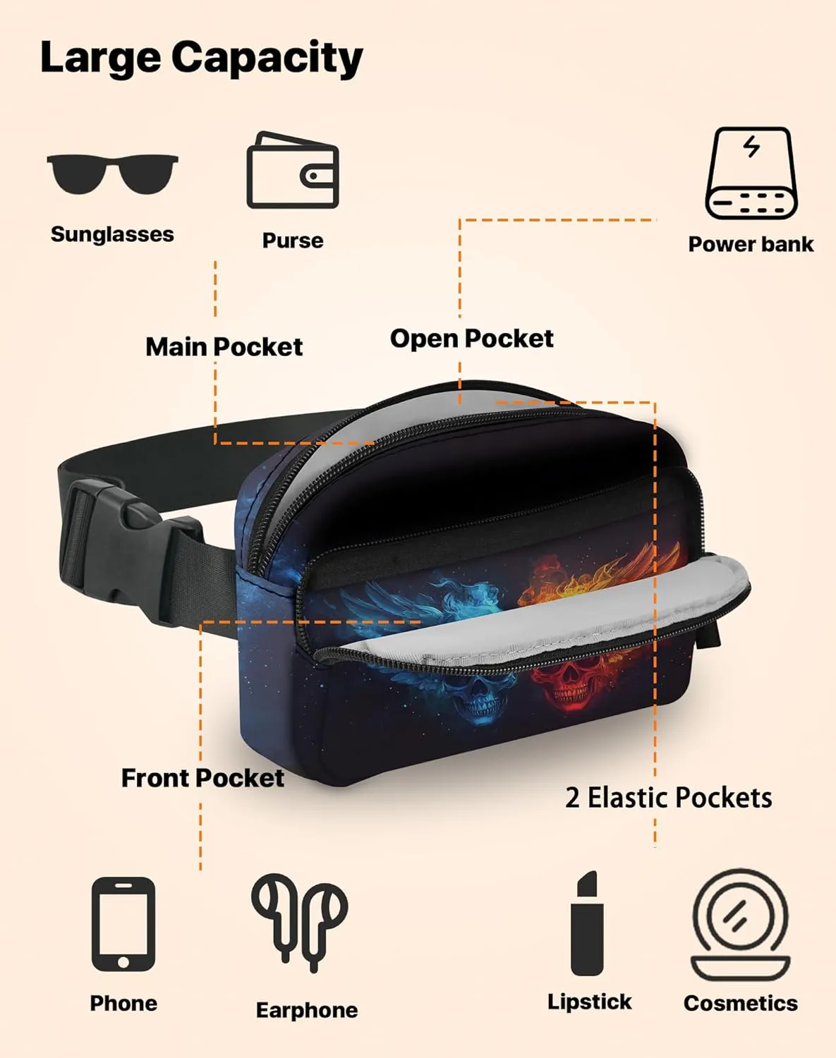 Skull Fanny Pack Fashion Belt Bag Lightweight Waist Pouch with Adjustable Strap Mini Crossbody Bags for Women Travel Sports Running