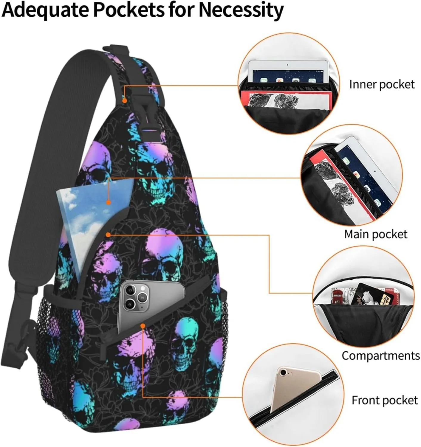 Skull Sling Bag,Victorian Gothic Sling Backpack Black Crossbody Bag Men Casual Shoulder Daypack for Women Men Lightweight Travel Hiking Gym