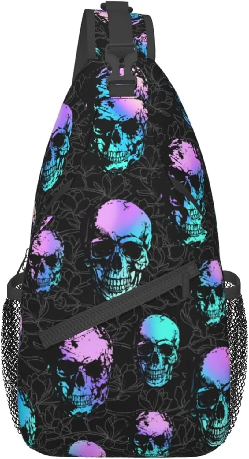 Skull Sling Bag,Victorian Gothic Sling Backpack Black Crossbody Bag Men Casual Shoulder Daypack for Women Men Lightweight Travel Hiking Gym