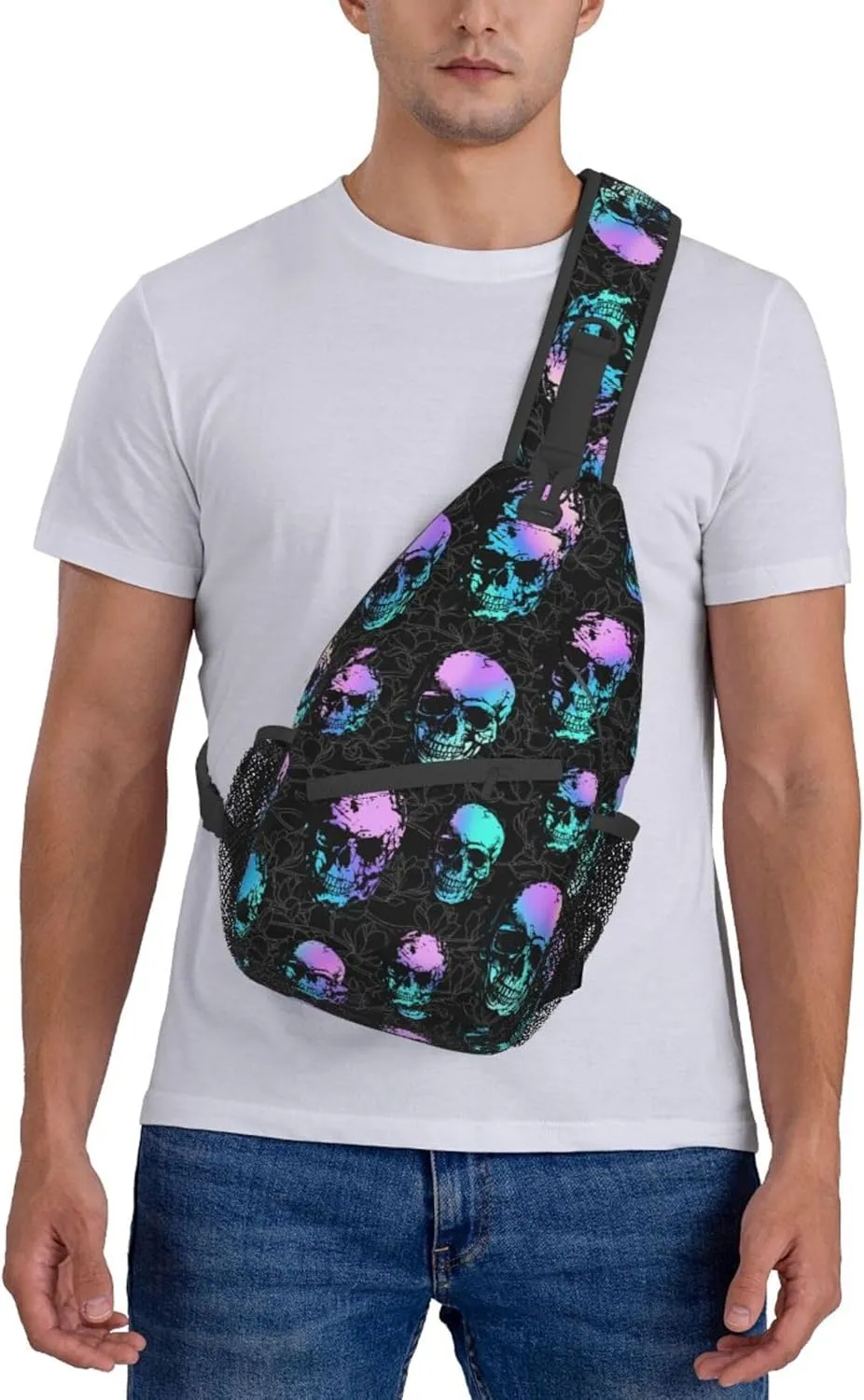 Skull Sling Bag,Victorian Gothic Sling Backpack Black Crossbody Bag Men Casual Shoulder Daypack for Women Men Lightweight Travel Hiking Gym