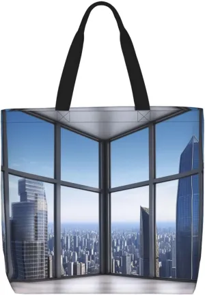 Skyscraper Buildings Large Tote Bag Portable Shopping Handbags With Zipper Inner Pocket Reusable Waterproof Beach Grocery Bag For Women Shopping Travel Work