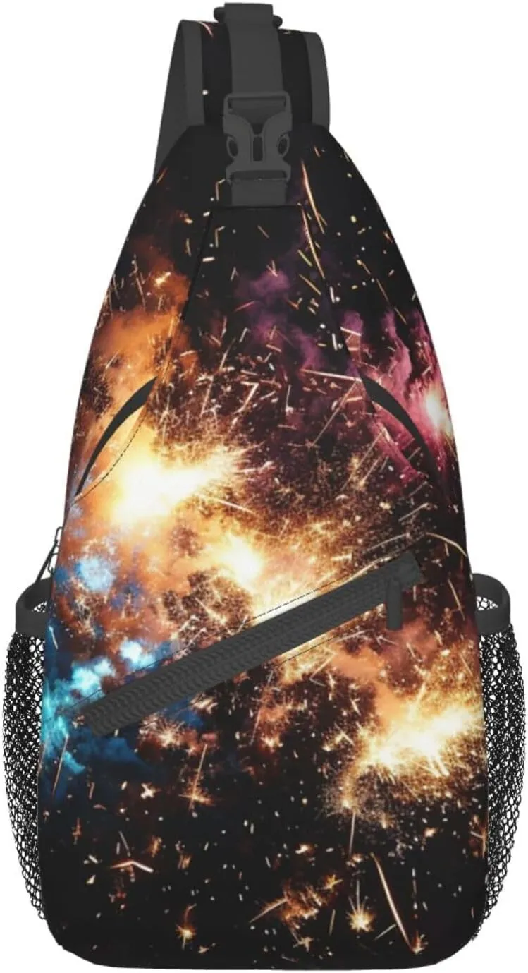 Sling Backpack Bag Explosion Firework Print Crossbody Chest Bag Adjustable Shoulder Bag Travel Hiking Daypack Unisex