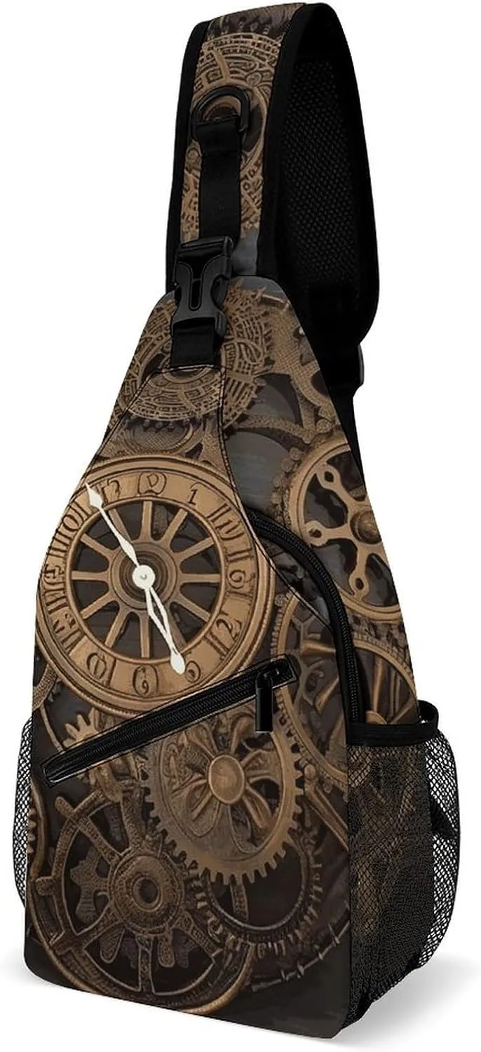 Sling Backpack for Women Men Crossbody Chest Bag Fanny Pack Steampunk Gears Clock Sling Bag for Hiking Travel
