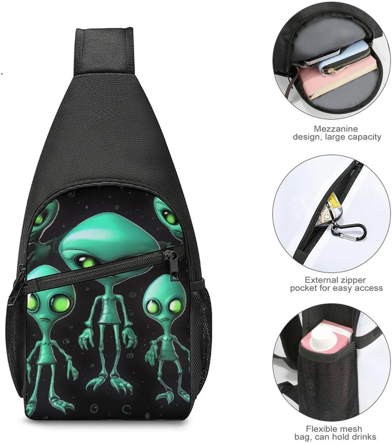 Sling Backpack for Women Men Crossbody Chest Bag Travel Aliens Daypack Shoulder Bag for Hiking