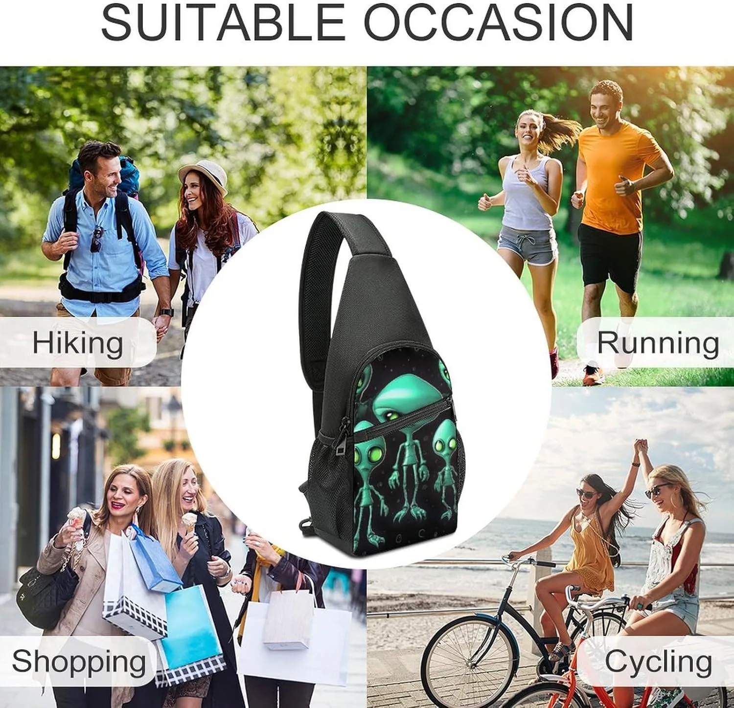Sling Backpack for Women Men Crossbody Chest Bag Travel Aliens Daypack Shoulder Bag for Hiking