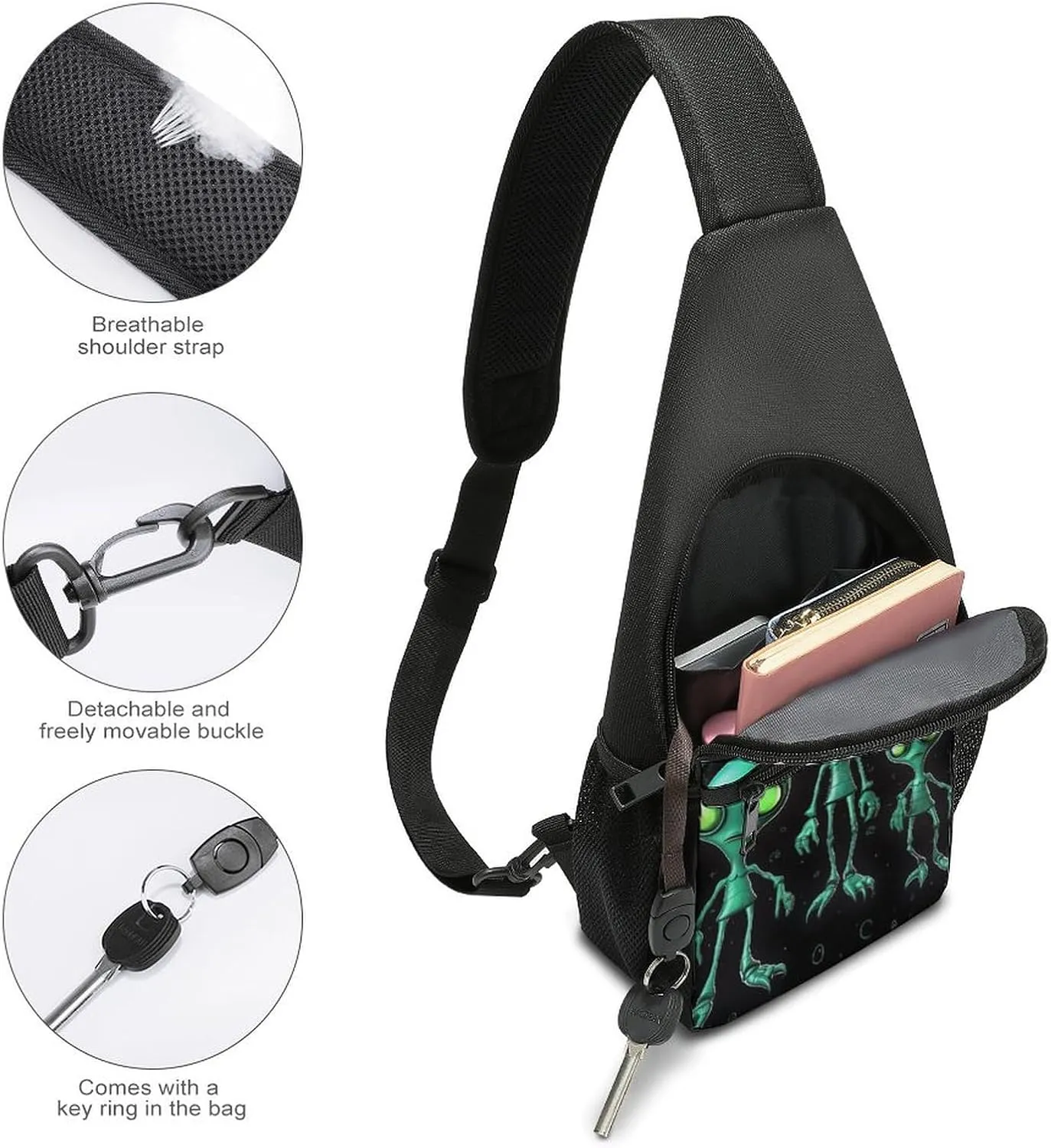 Sling Backpack for Women Men Crossbody Chest Bag Travel Aliens Daypack Shoulder Bag for Hiking