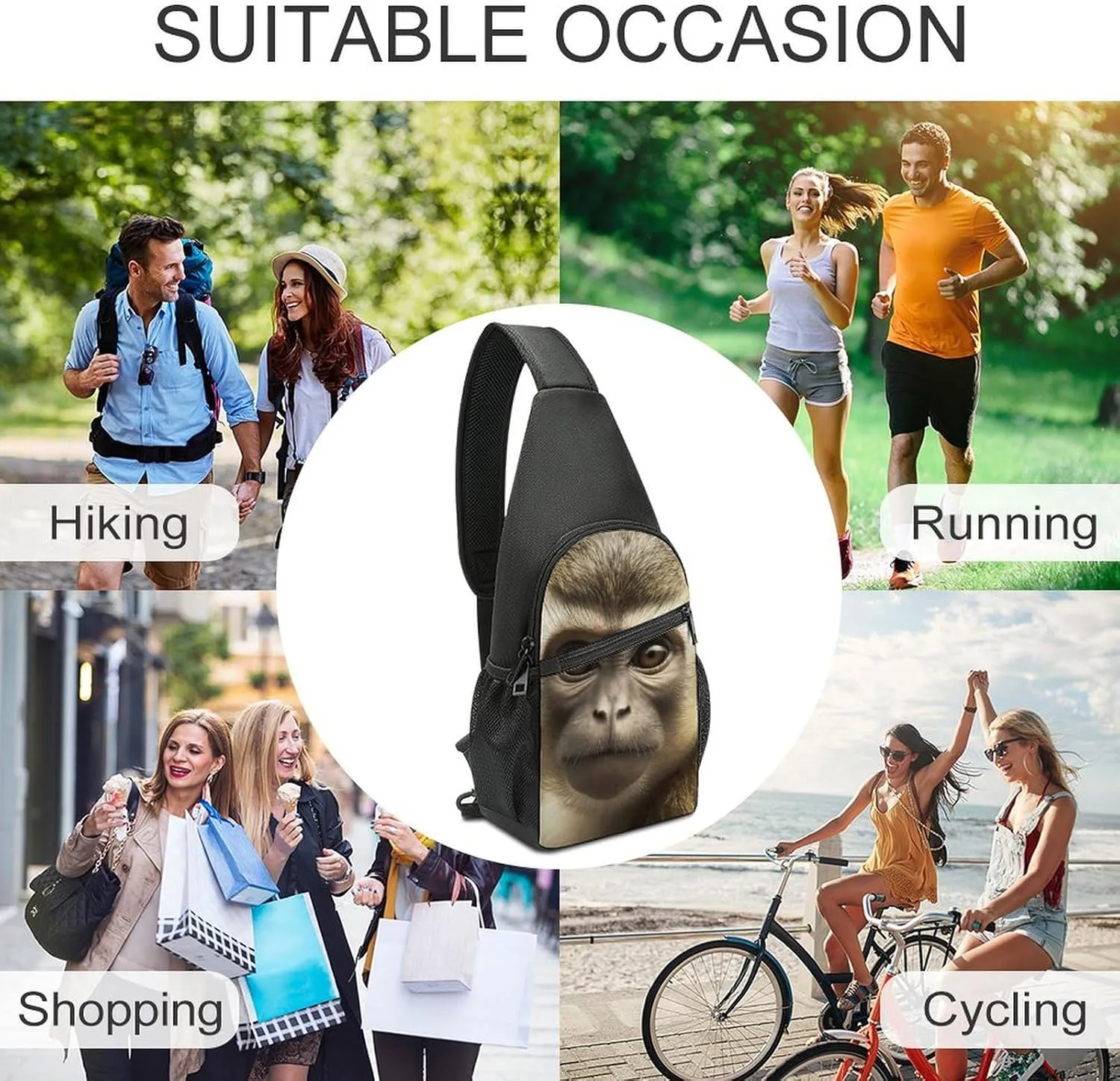 Sling Backpack for Women Men Crossbody Chest Bag Travel Big Eyed Monkey Daypack Shoulder Bag for Hiking