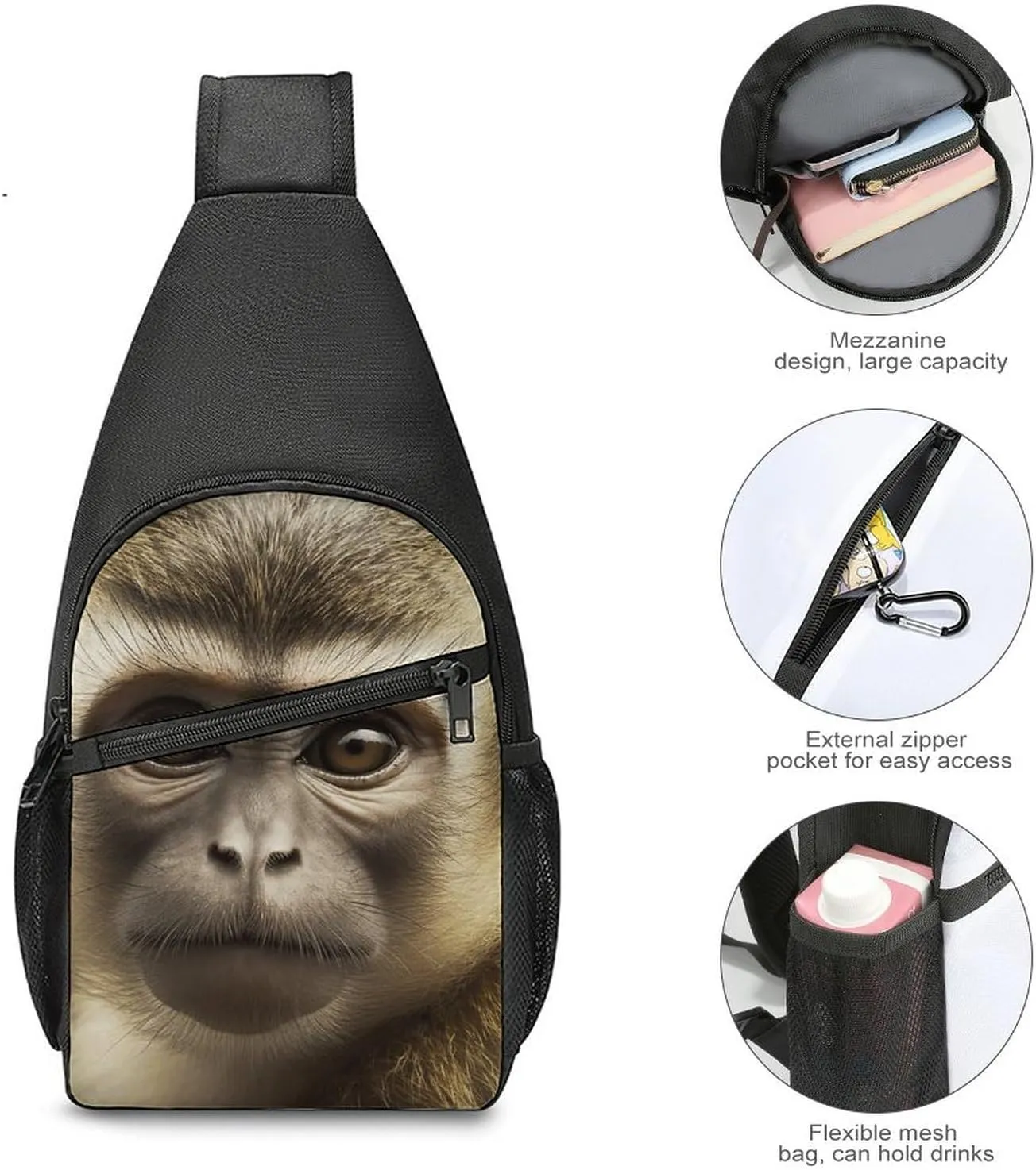 Sling Backpack for Women Men Crossbody Chest Bag Travel Big Eyed Monkey Daypack Shoulder Bag for Hiking