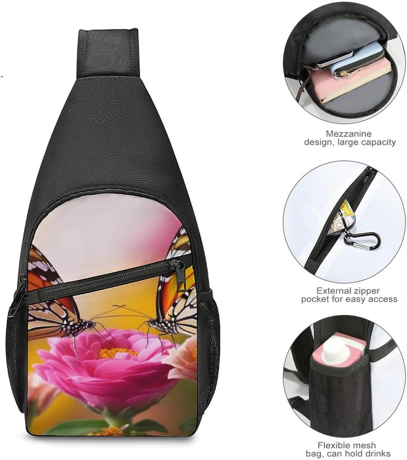 Sling Backpack for Women Men Crossbody Chest Bag Travel Butterfly Kissing Flowers Daypack Shoulder Bag for Hiking