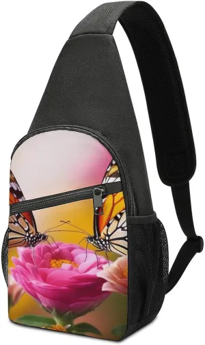 Sling Backpack for Women Men Crossbody Chest Bag Travel Butterfly Kissing Flowers Daypack Shoulder Bag for Hiking