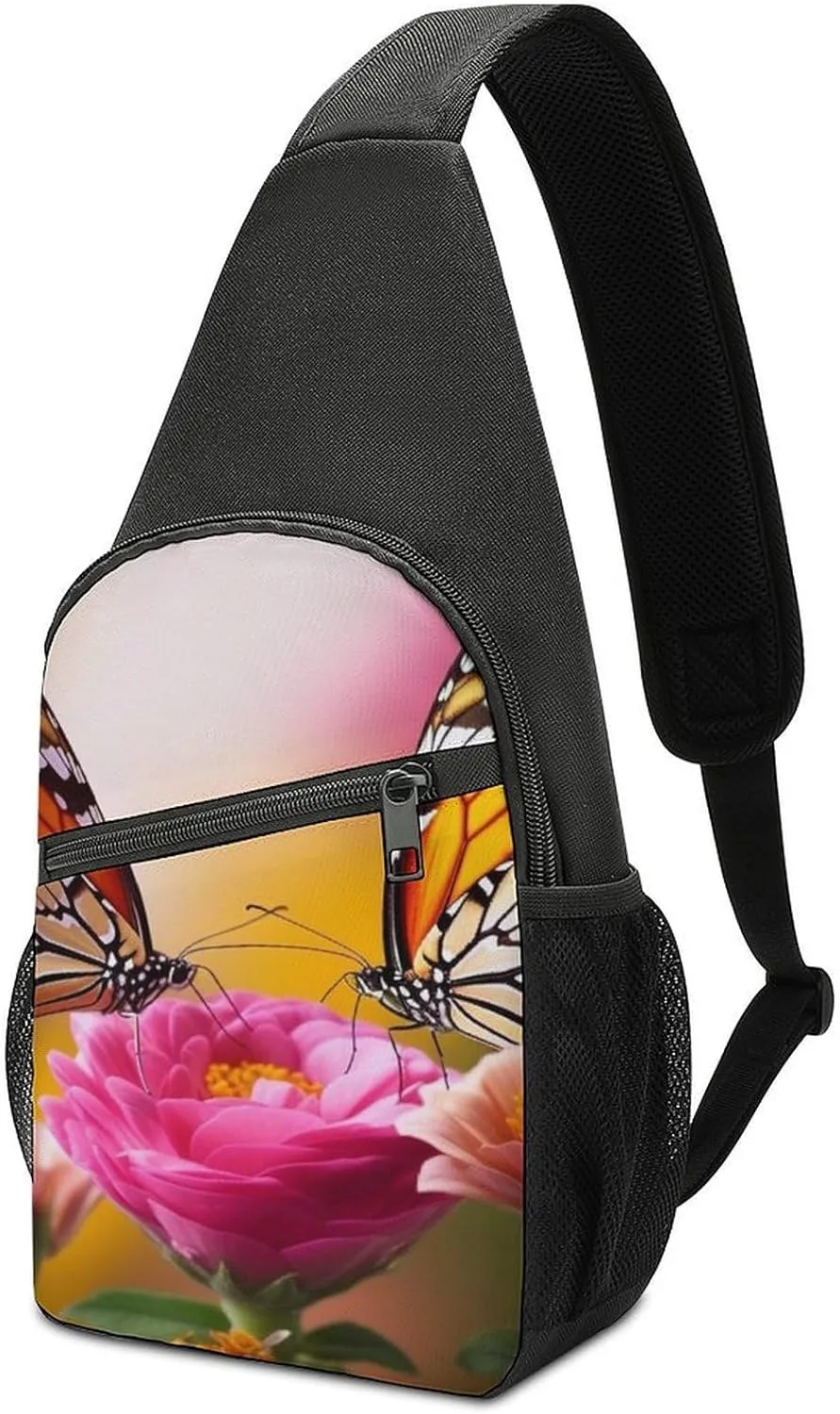 Sling Backpack for Women Men Crossbody Chest Bag Travel Butterfly Kissing Flowers Daypack Shoulder Bag for Hiking