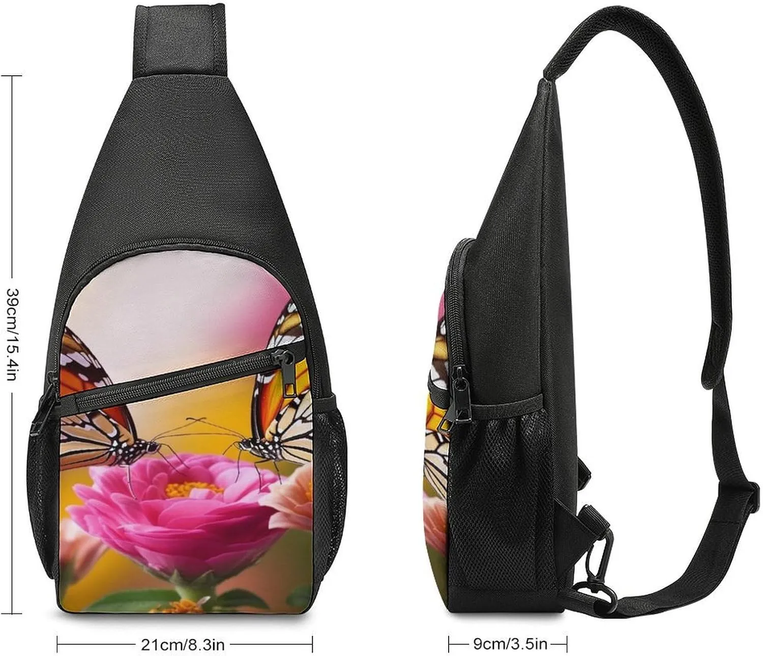 Sling Backpack for Women Men Crossbody Chest Bag Travel Butterfly Kissing Flowers Daypack Shoulder Bag for Hiking