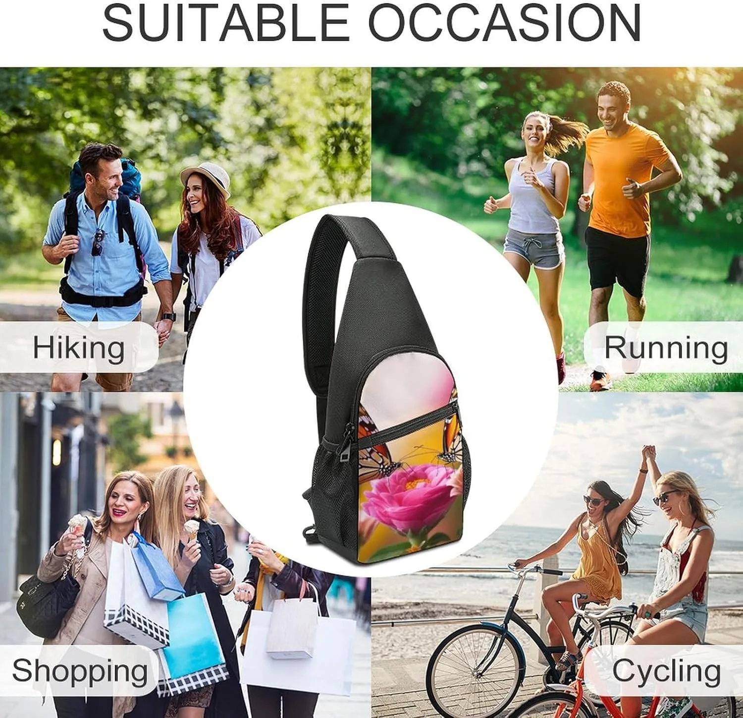 Sling Backpack for Women Men Crossbody Chest Bag Travel Butterfly Kissing Flowers Daypack Shoulder Bag for Hiking