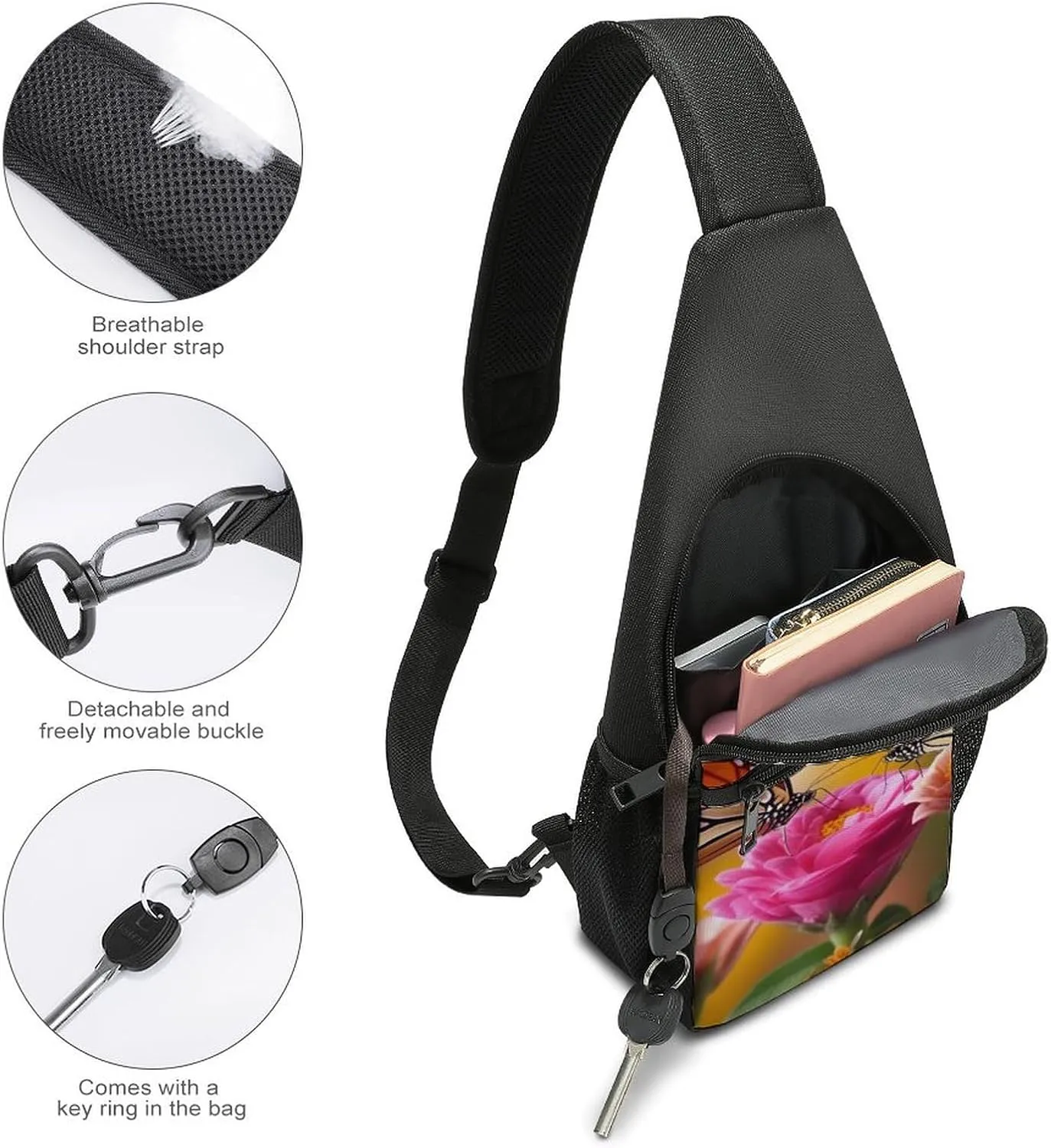 Sling Backpack for Women Men Crossbody Chest Bag Travel Butterfly Kissing Flowers Daypack Shoulder Bag for Hiking