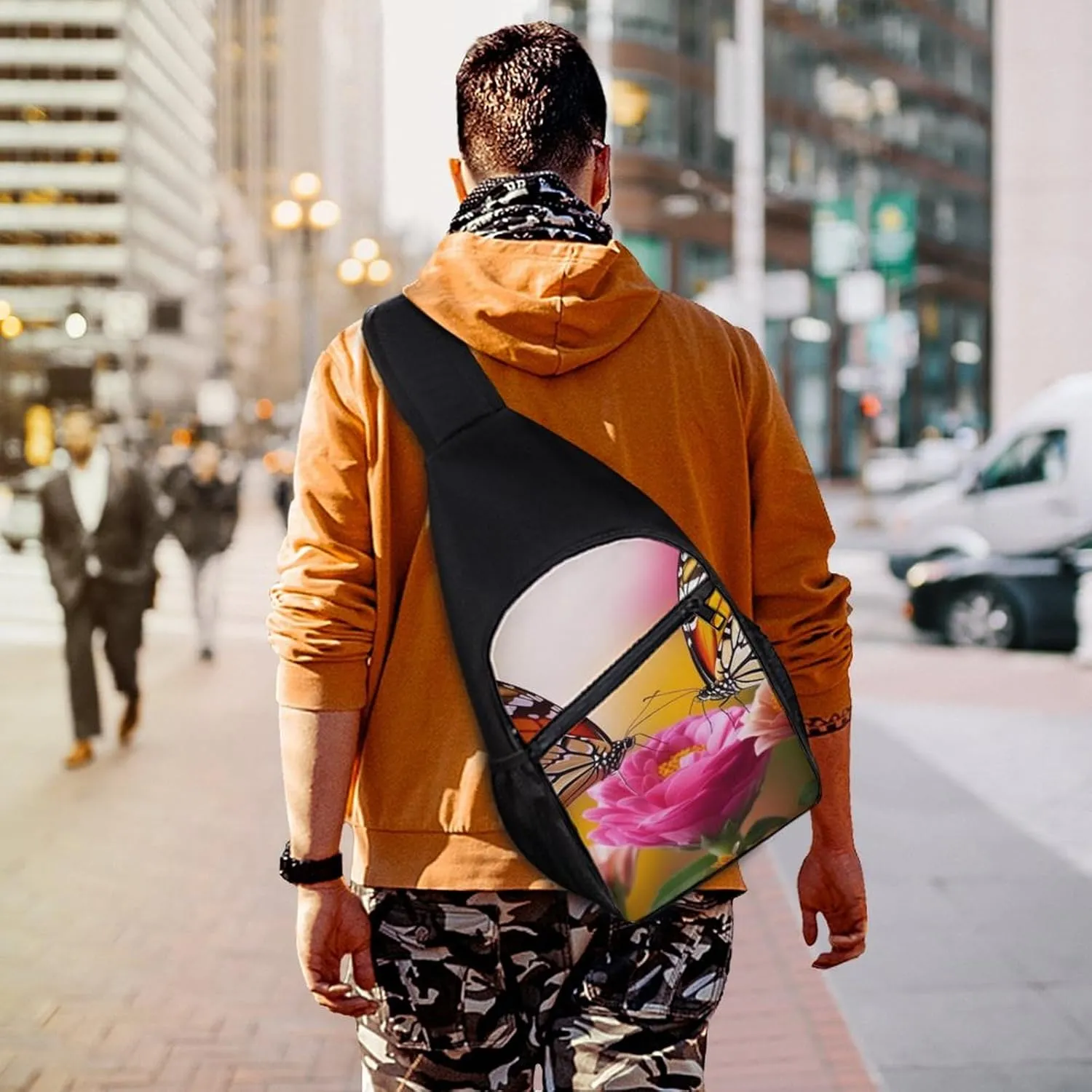 Sling Backpack for Women Men Crossbody Chest Bag Travel Butterfly Kissing Flowers Daypack Shoulder Bag for Hiking