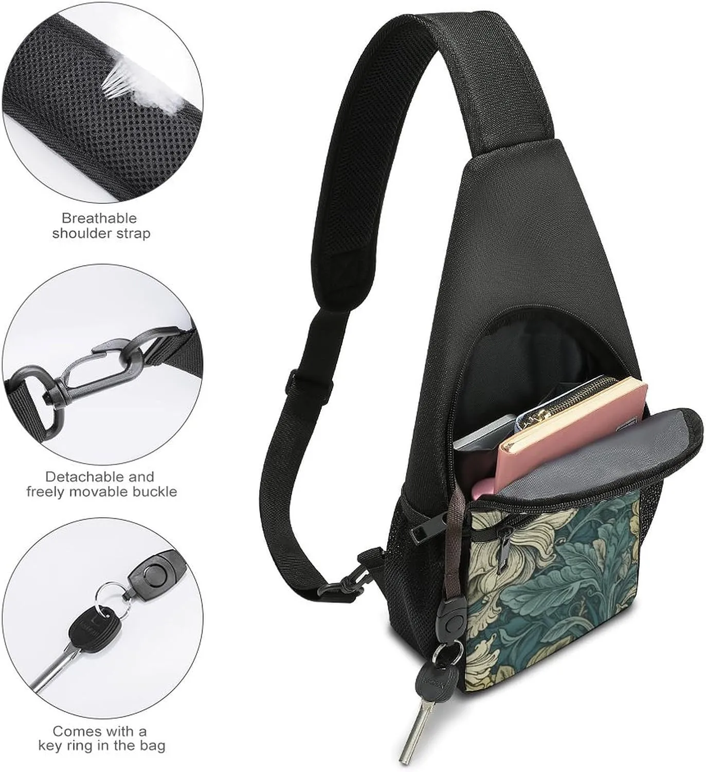 Sling Backpack for Women Men Crossbody Chest Bag Travel Green Pattern Daypack Shoulder Bag for Hiking