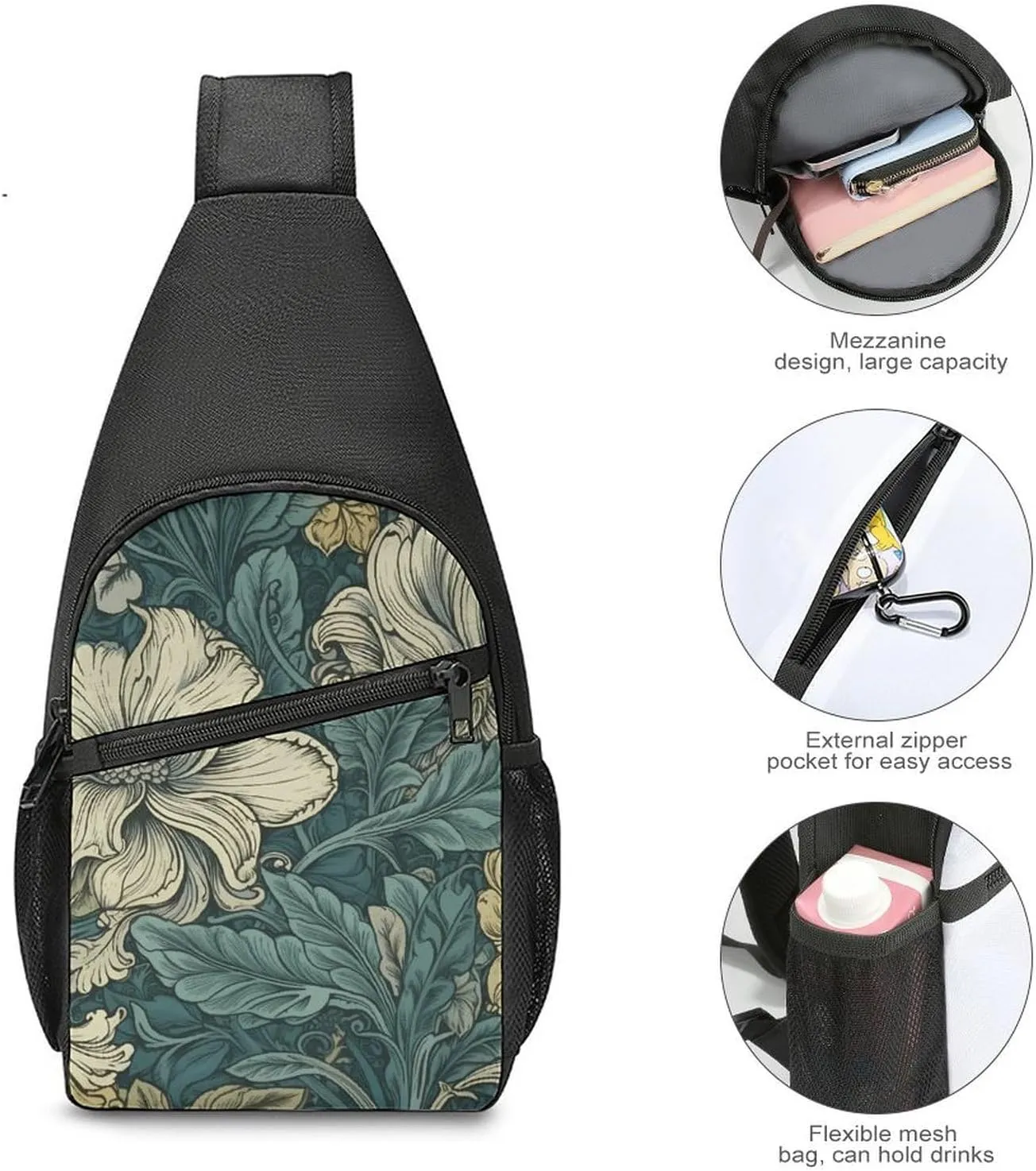 Sling Backpack for Women Men Crossbody Chest Bag Travel Green Pattern Daypack Shoulder Bag for Hiking