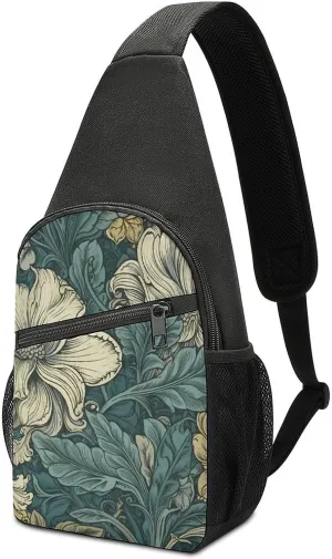 Sling Backpack for Women Men Crossbody Chest Bag Travel Green Pattern Daypack Shoulder Bag for Hiking