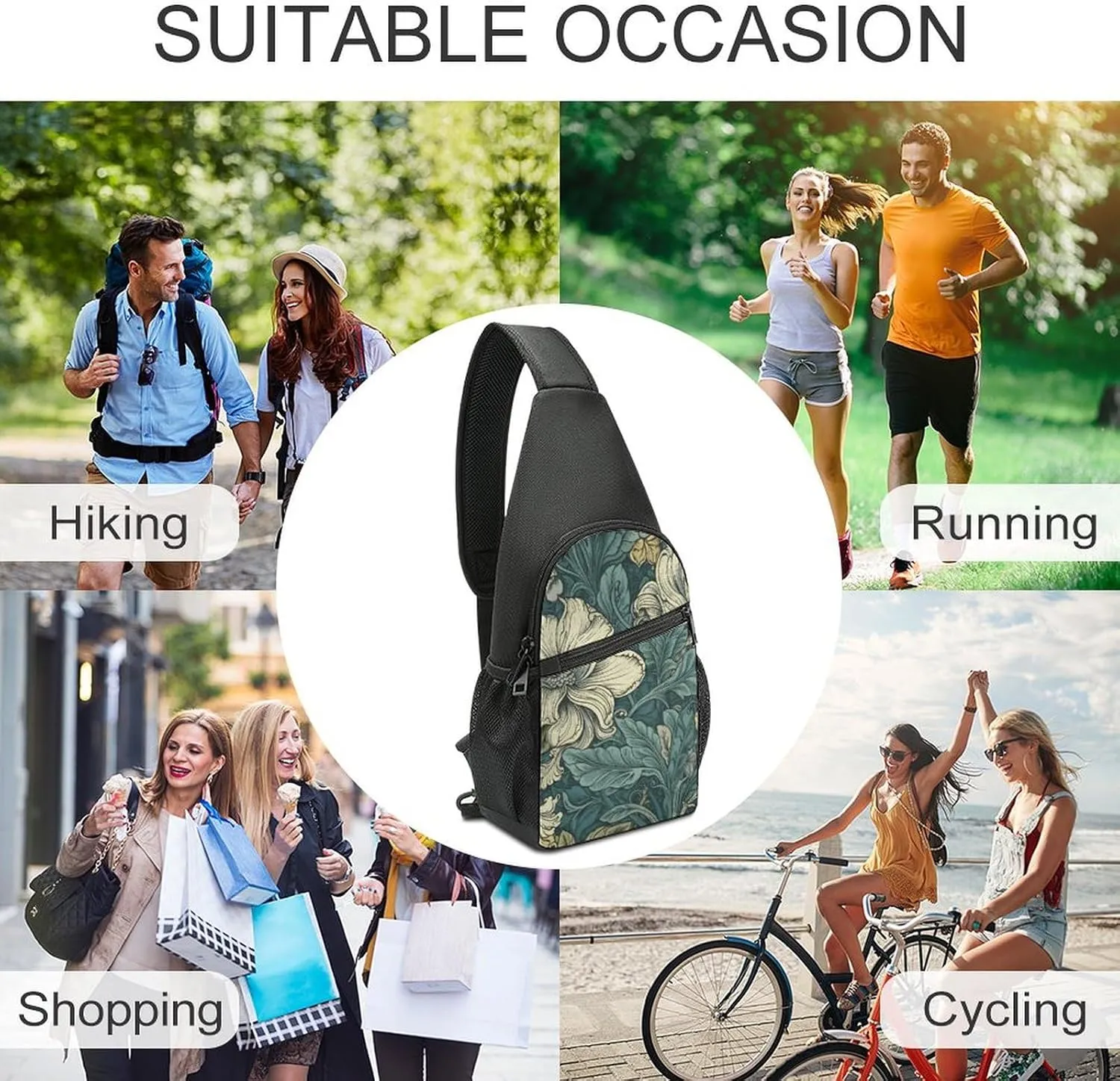 Sling Backpack for Women Men Crossbody Chest Bag Travel Green Pattern Daypack Shoulder Bag for Hiking