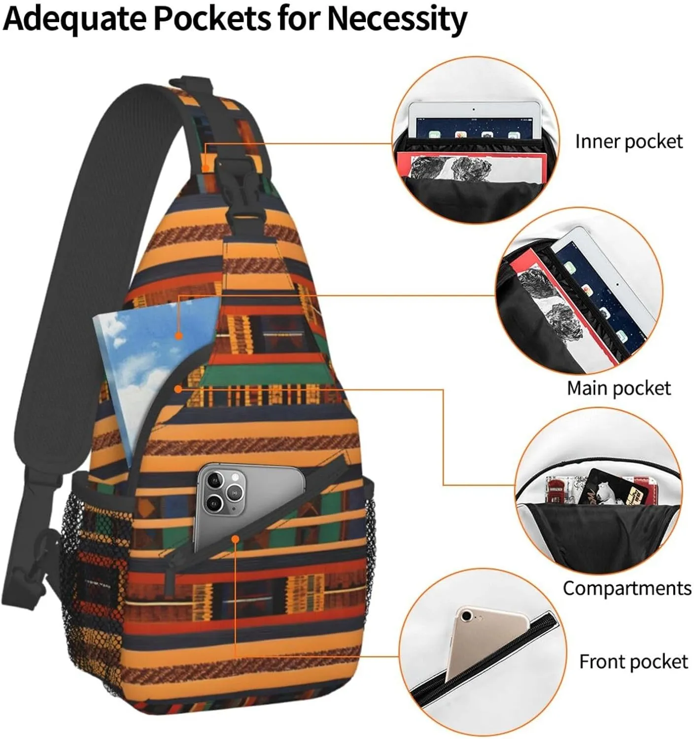 Sling Backpack,Men Cross Chest Bag Diagonally,Durable Adjustable Outdoor Cycling Travel Bag,African Weaving Print