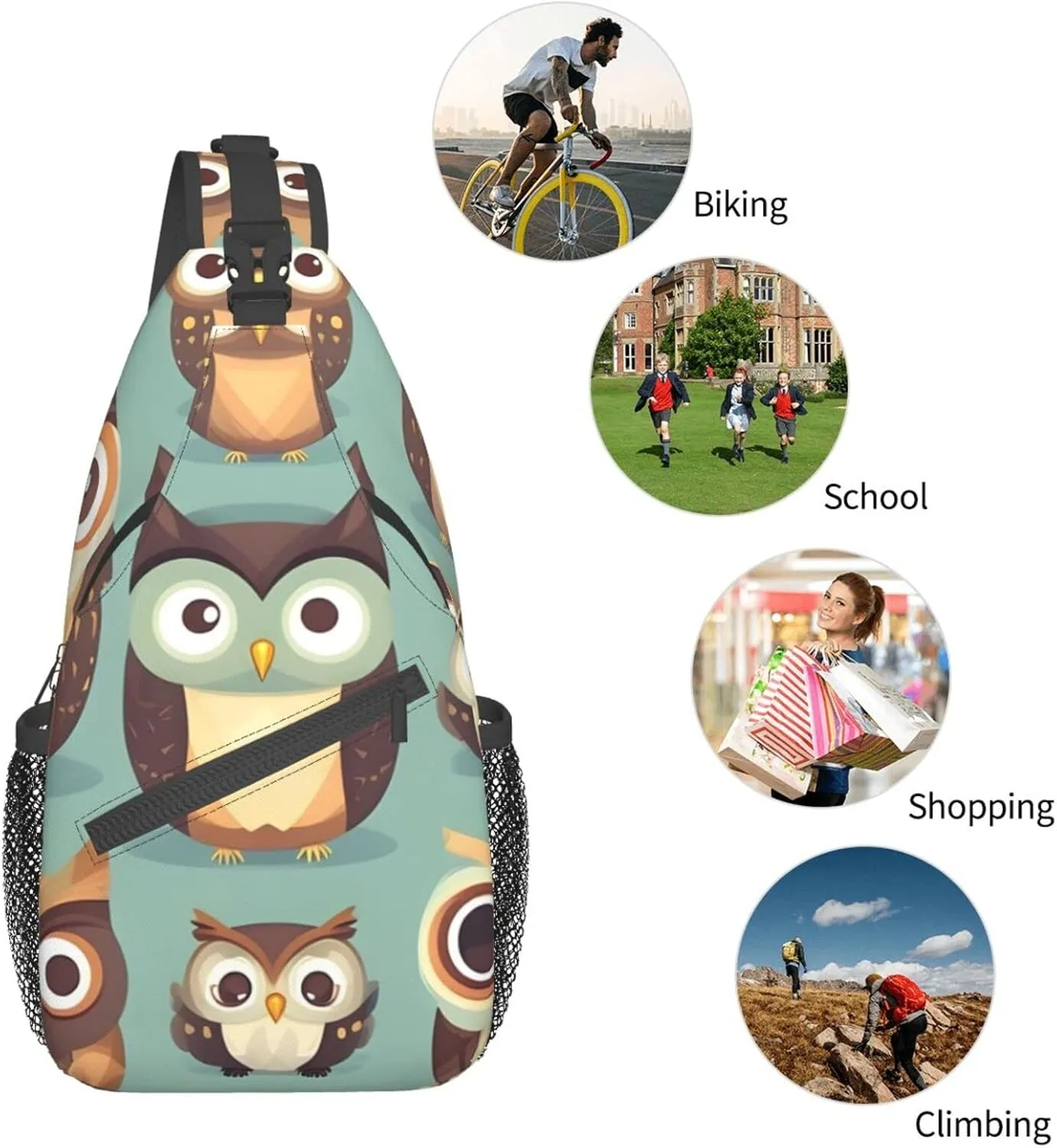 Sling Backpack,Men Cross Chest Bag Diagonally,Durable Adjustable Outdoor Cycling Travel Bag,Animal Cartoon Owls Cute Print