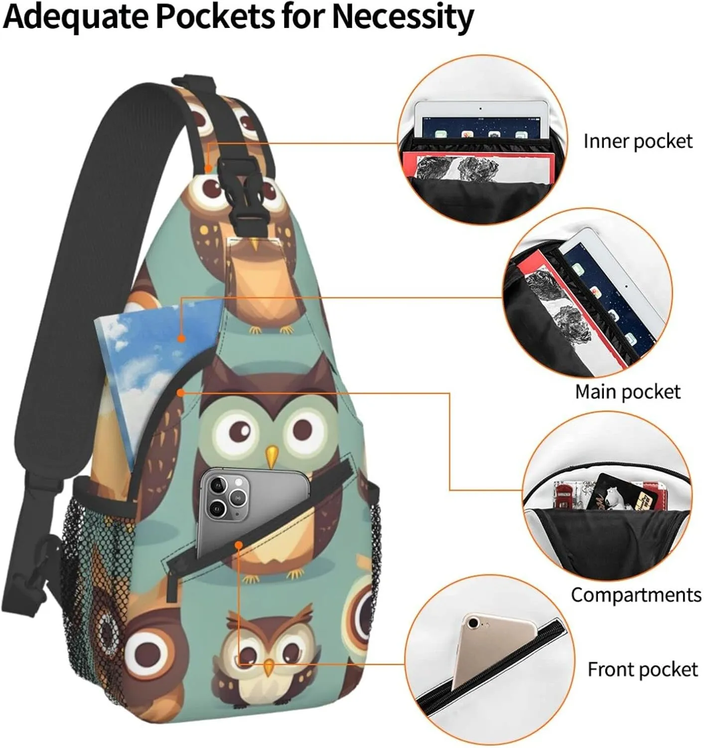 Sling Backpack,Men Cross Chest Bag Diagonally,Durable Adjustable Outdoor Cycling Travel Bag,Animal Cartoon Owls Cute Print