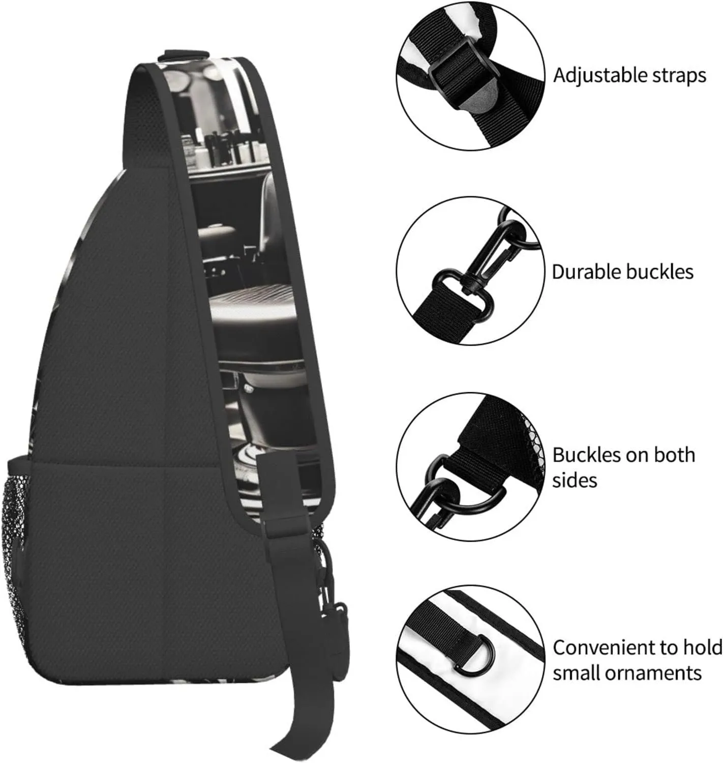 Sling Backpack,Men Cross Chest Bag Diagonally,Durable Adjustable Outdoor Cycling Travel Bag,Barber Shop Monochrome Style Print