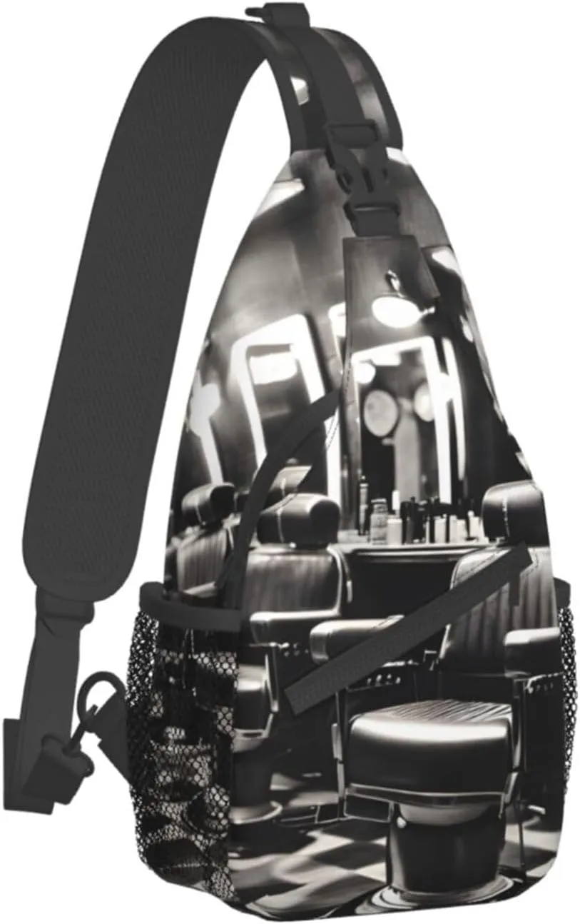 Sling Backpack,Men Cross Chest Bag Diagonally,Durable Adjustable Outdoor Cycling Travel Bag,Barber Shop Monochrome Style Print