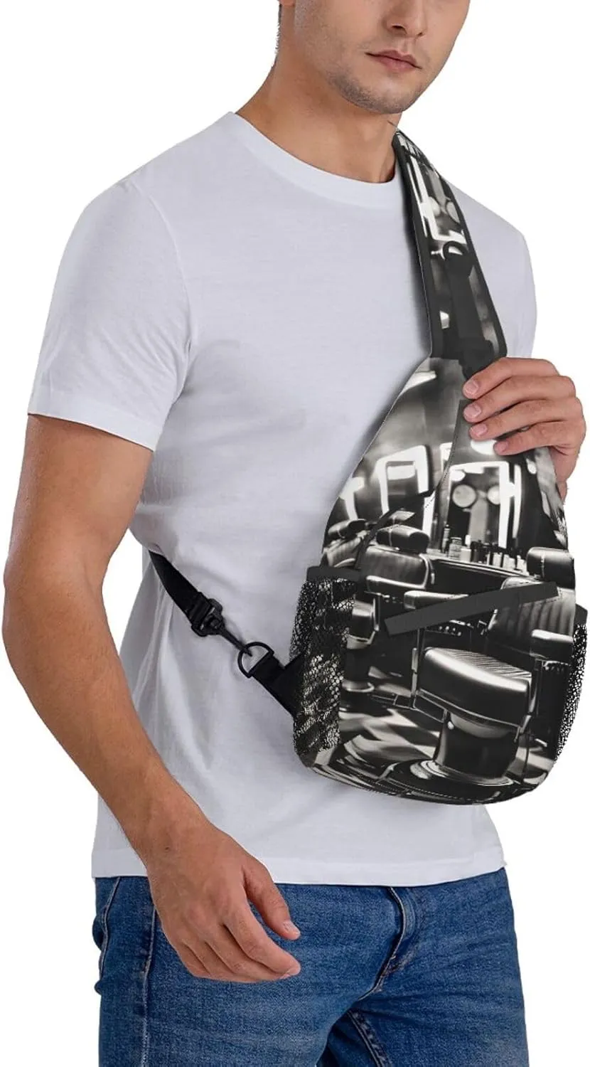 Sling Backpack,Men Cross Chest Bag Diagonally,Durable Adjustable Outdoor Cycling Travel Bag,Barber Shop Monochrome Style Print