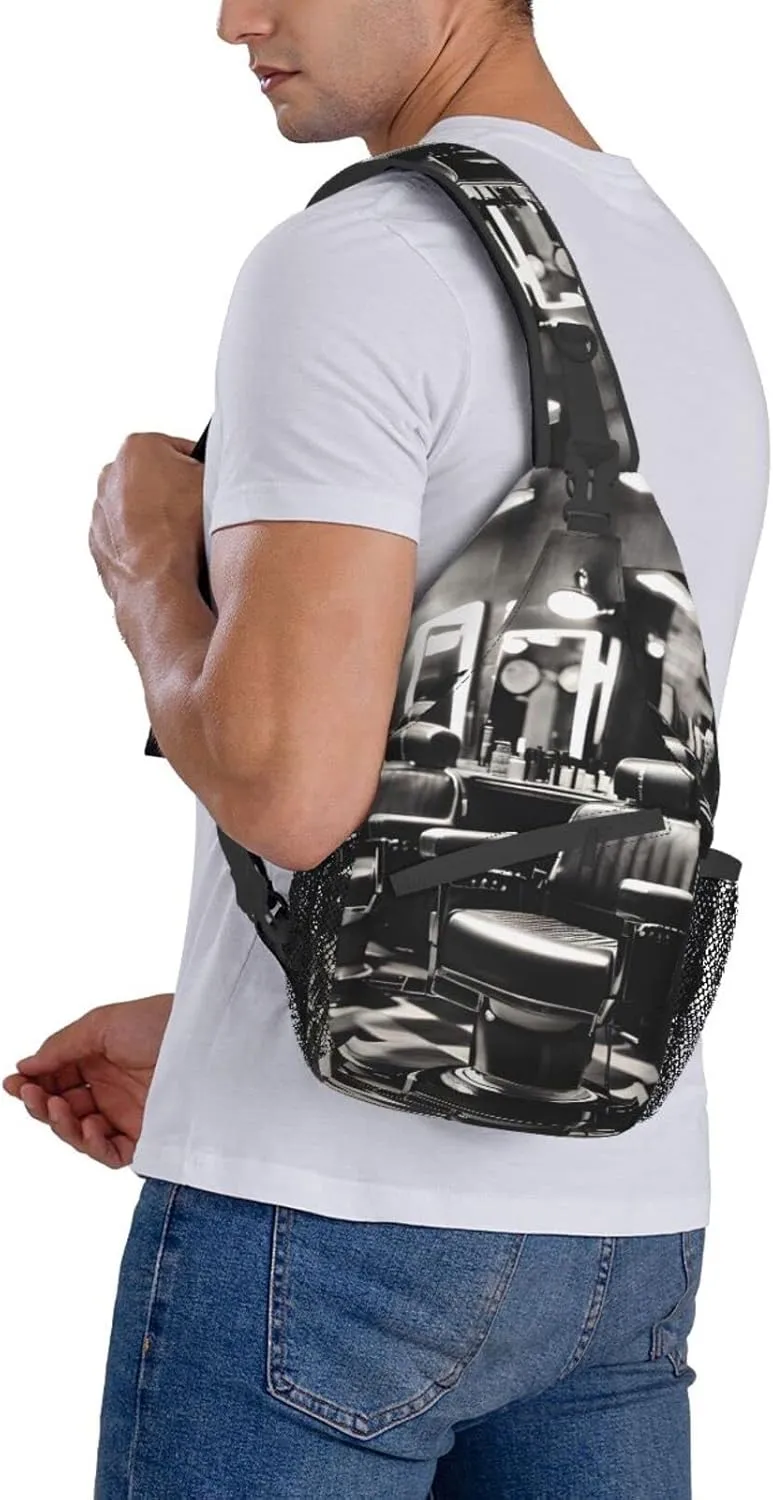 Sling Backpack,Men Cross Chest Bag Diagonally,Durable Adjustable Outdoor Cycling Travel Bag,Barber Shop Monochrome Style Print