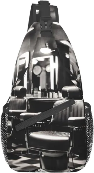 Sling Backpack,Men Cross Chest Bag Diagonally,Durable Adjustable Outdoor Cycling Travel Bag,Barber Shop Monochrome Style Print