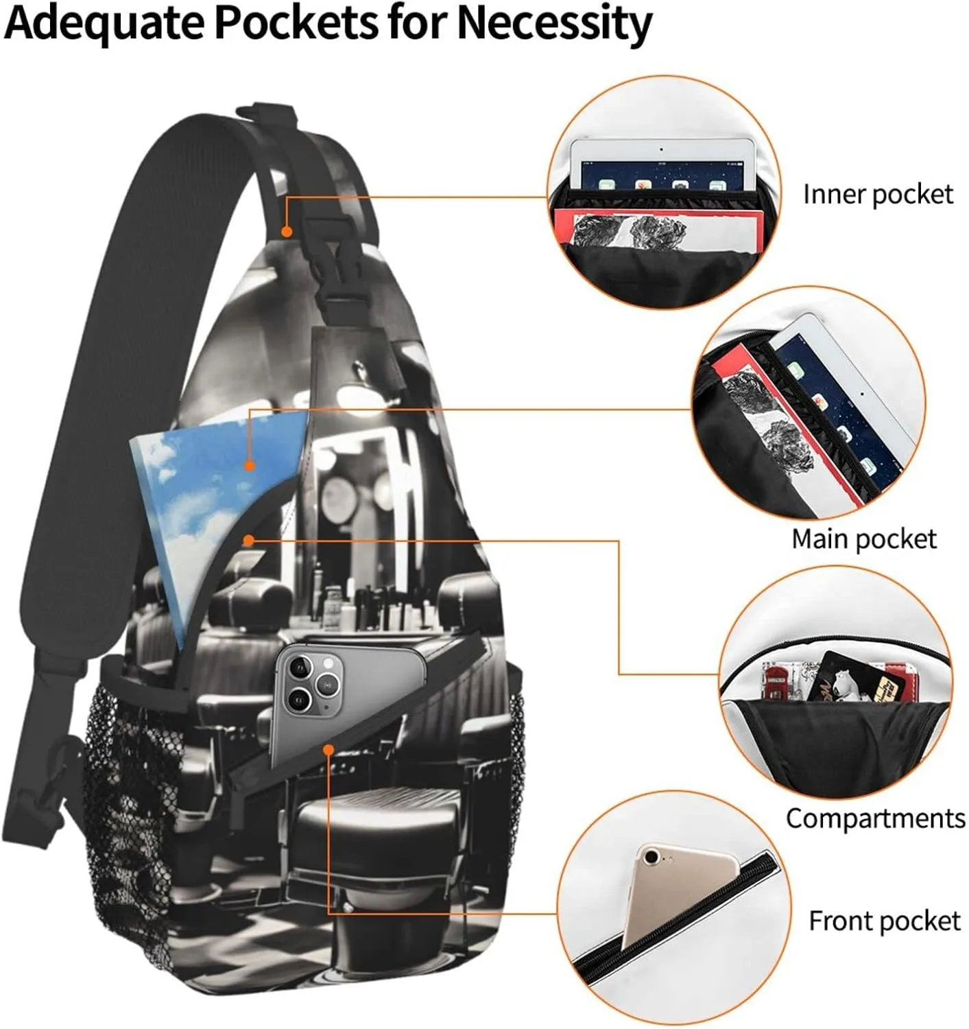 Sling Backpack,Men Cross Chest Bag Diagonally,Durable Adjustable Outdoor Cycling Travel Bag,Barber Shop Monochrome Style Print