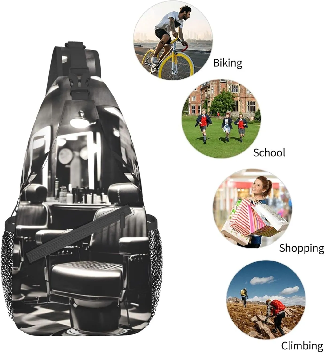 Sling Backpack,Men Cross Chest Bag Diagonally,Durable Adjustable Outdoor Cycling Travel Bag,Barber Shop Monochrome Style Print