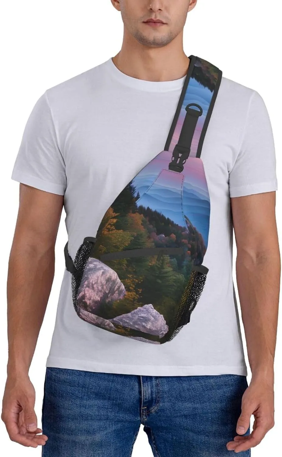 Sling Backpack,Men Cross Chest Bag Diagonally,Durable Adjustable Outdoor Cycling Travel Bag,Canadian Smokey Mountain Cliff Print