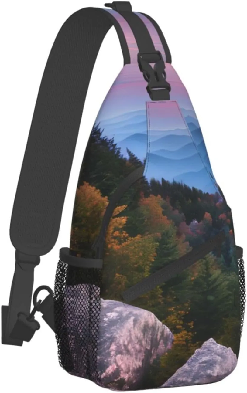 Sling Backpack,Men Cross Chest Bag Diagonally,Durable Adjustable Outdoor Cycling Travel Bag,Canadian Smokey Mountain Cliff Print