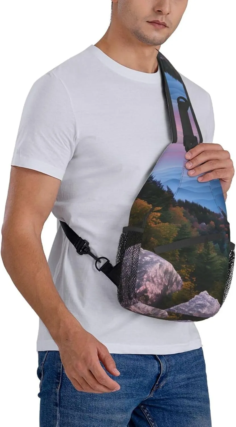 Sling Backpack,Men Cross Chest Bag Diagonally,Durable Adjustable Outdoor Cycling Travel Bag,Canadian Smokey Mountain Cliff Print