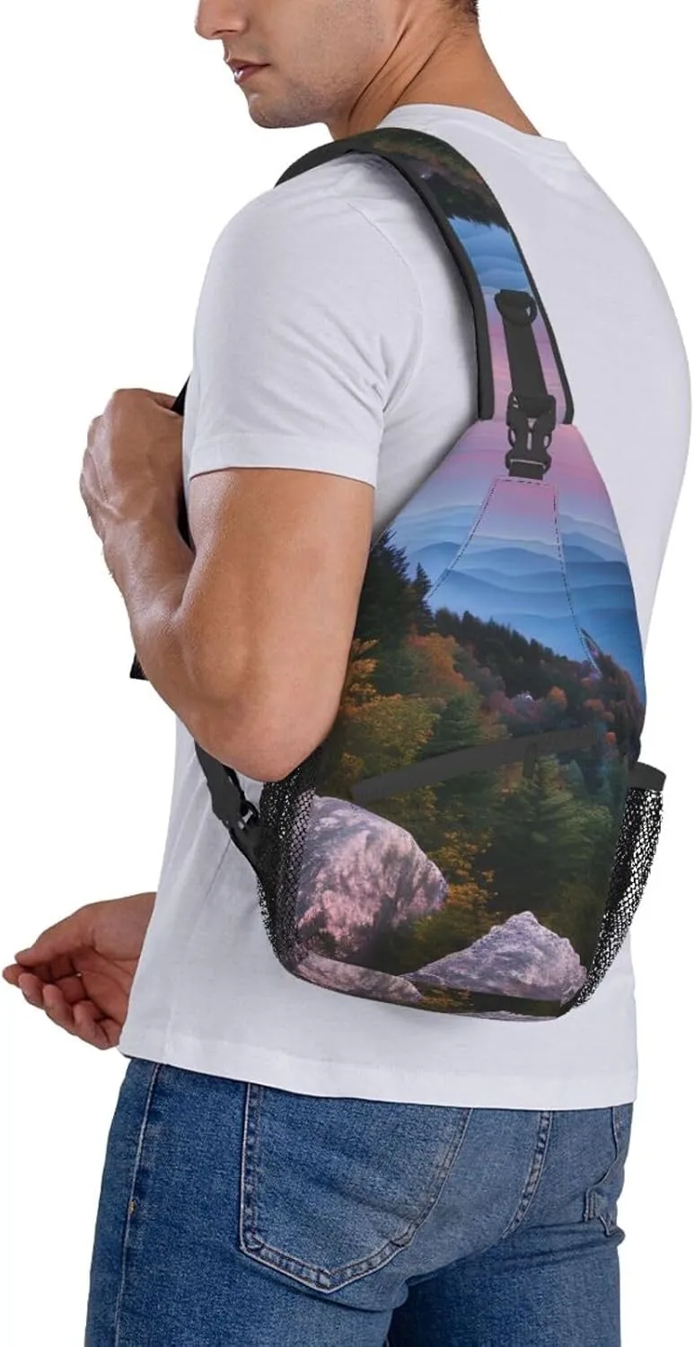 Sling Backpack,Men Cross Chest Bag Diagonally,Durable Adjustable Outdoor Cycling Travel Bag,Canadian Smokey Mountain Cliff Print