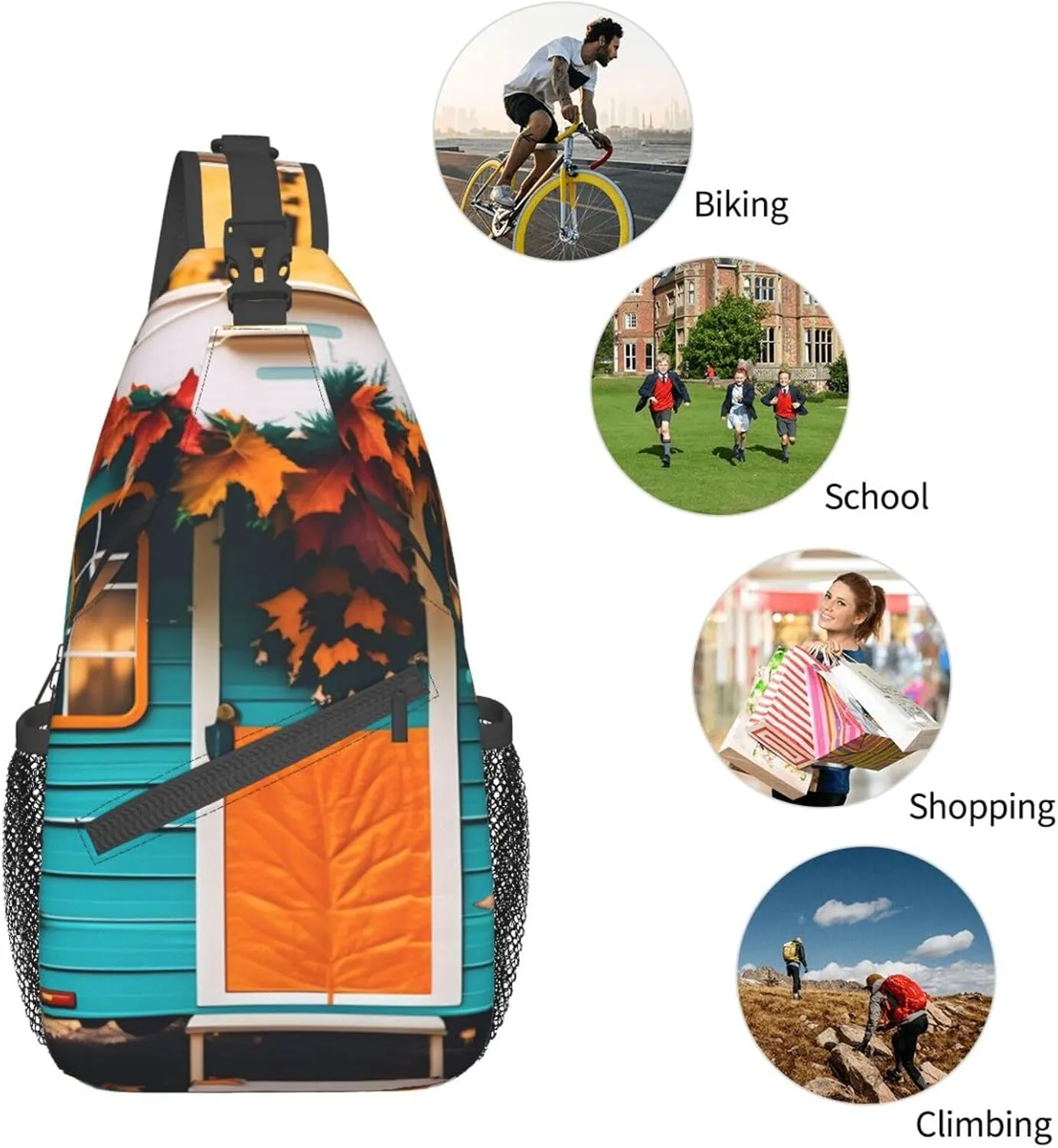 Sling Backpack,Men Cross Chest Bag Diagonally,Durable Adjustable Outdoor Cycling Travel Bag,Happy Fall Camper Print