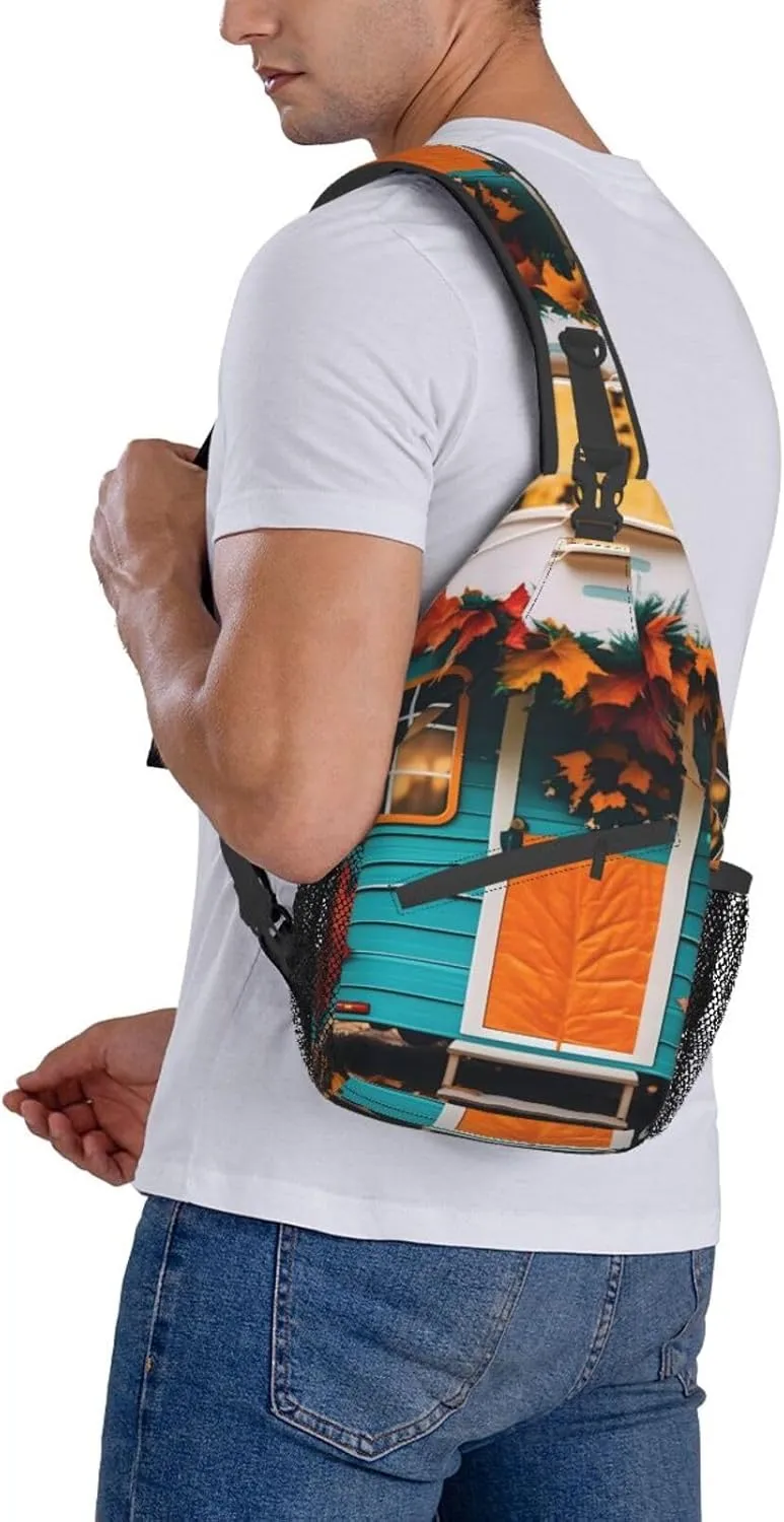 Sling Backpack,Men Cross Chest Bag Diagonally,Durable Adjustable Outdoor Cycling Travel Bag,Happy Fall Camper Print