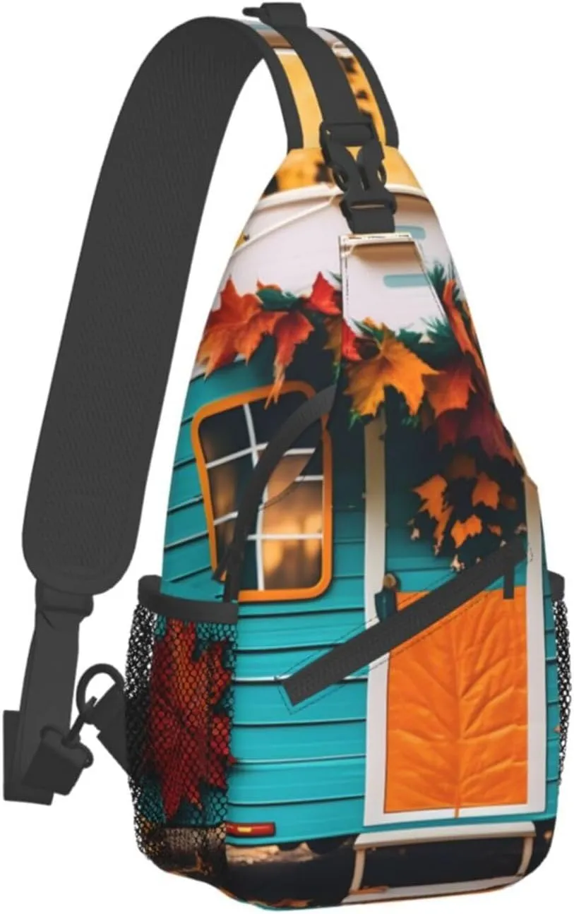 Sling Backpack,Men Cross Chest Bag Diagonally,Durable Adjustable Outdoor Cycling Travel Bag,Happy Fall Camper Print