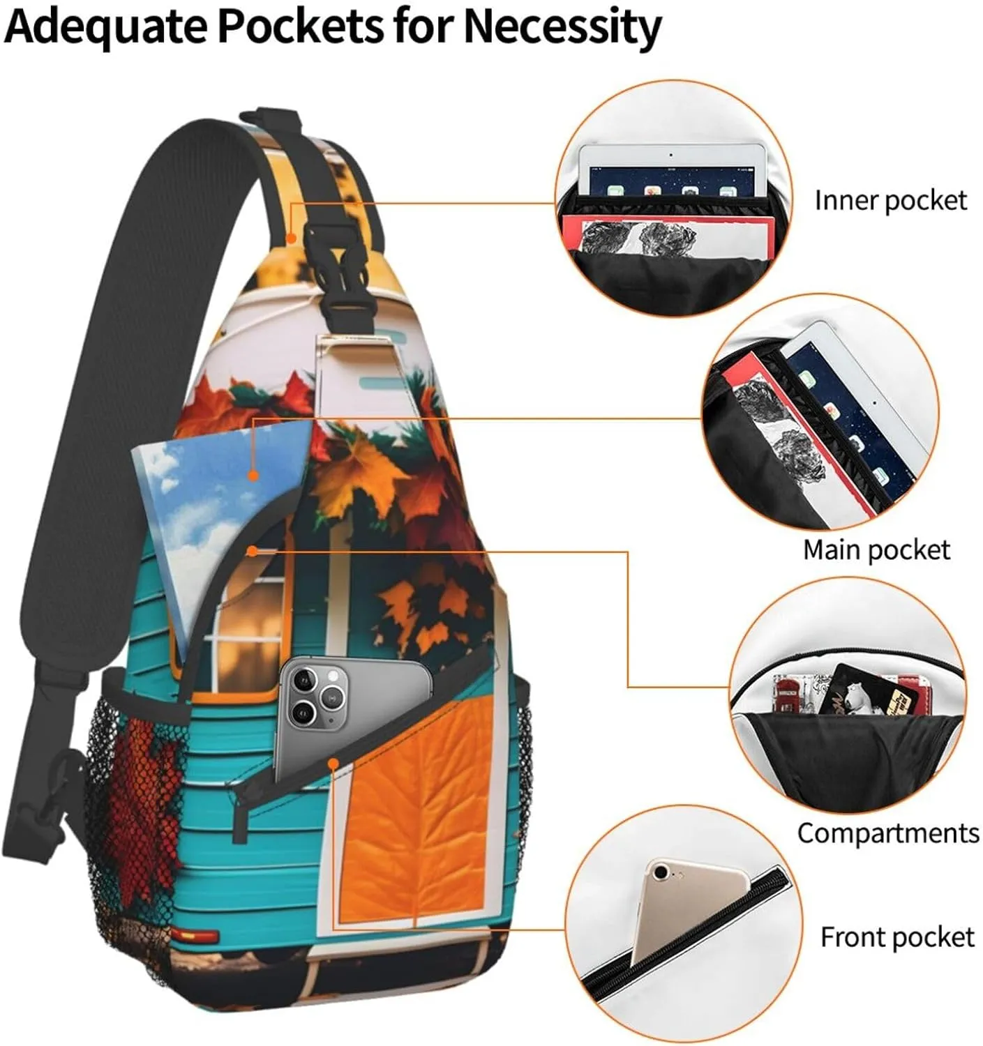 Sling Backpack,Men Cross Chest Bag Diagonally,Durable Adjustable Outdoor Cycling Travel Bag,Happy Fall Camper Print