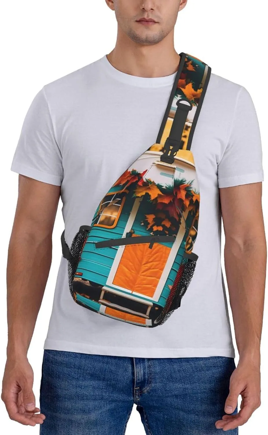 Sling Backpack,Men Cross Chest Bag Diagonally,Durable Adjustable Outdoor Cycling Travel Bag,Happy Fall Camper Print