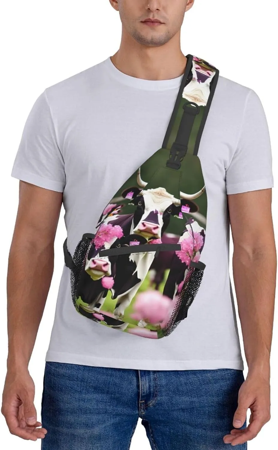 Sling Backpack,Men Cross Chest Bag Diagonally,Durable Adjustable Outdoor Cycling Travel Bag,Pink Flower Show Steer Cows Cattle Print