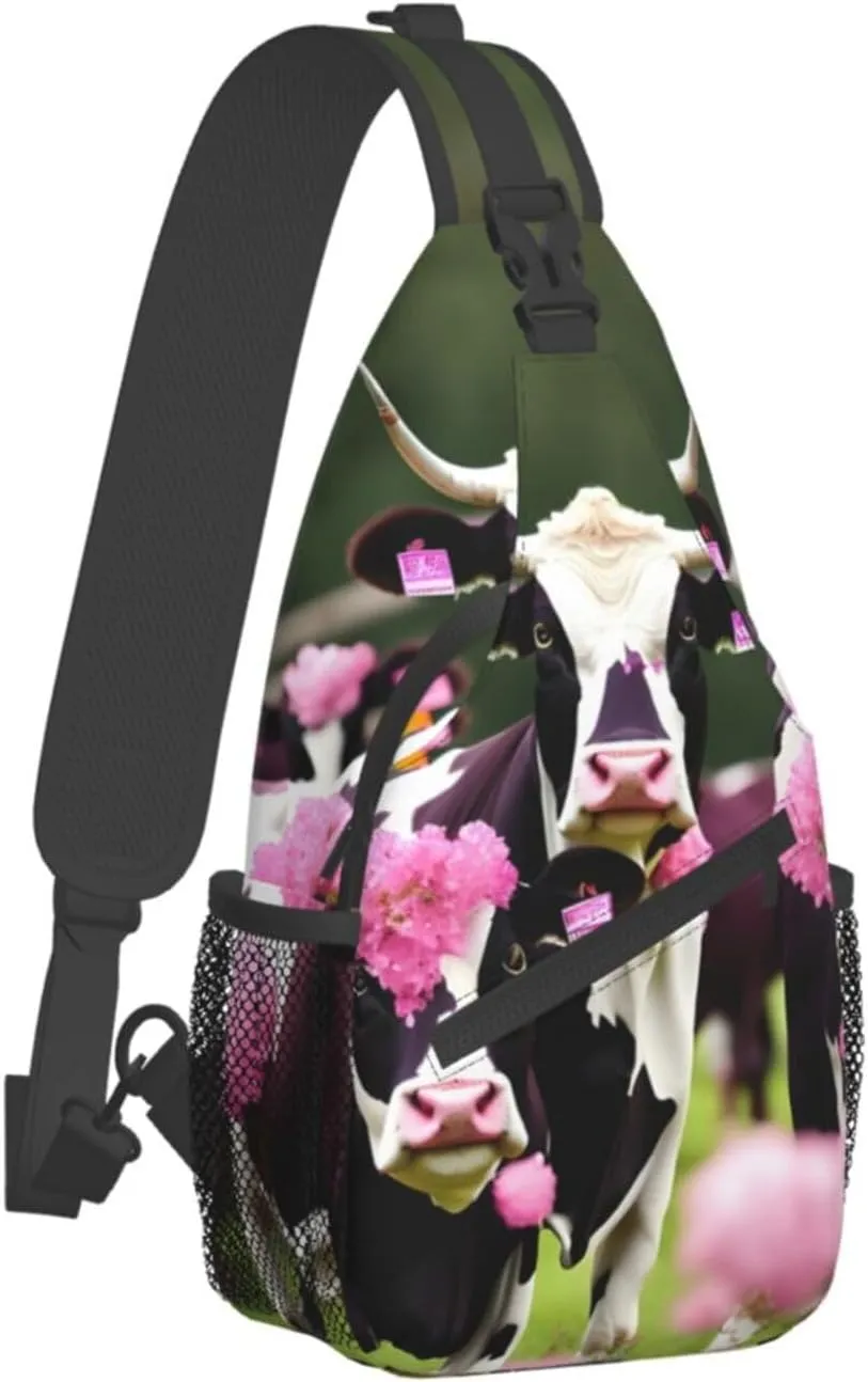 Sling Backpack,Men Cross Chest Bag Diagonally,Durable Adjustable Outdoor Cycling Travel Bag,Pink Flower Show Steer Cows Cattle Print